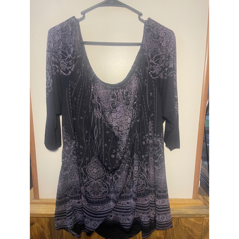 Vanilla Sugar Tunic Top Women 2X Black Purple Boho Mandala Glitter Elastic Neck